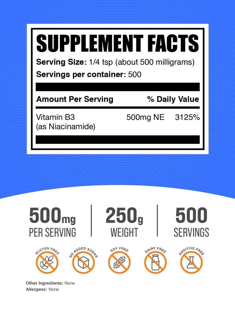 BULKSUPPLEMENTS.COM BULKSUPPLEMENTS.COM Niacinamide Powder - Niacinamide Supplement, Vitamin B3 Supplement, Niacinamide 500mg - B3 Vitamins for Skin Health, Pure & Gluten Free - 500mg per Serving, 250g (8.8 oz)