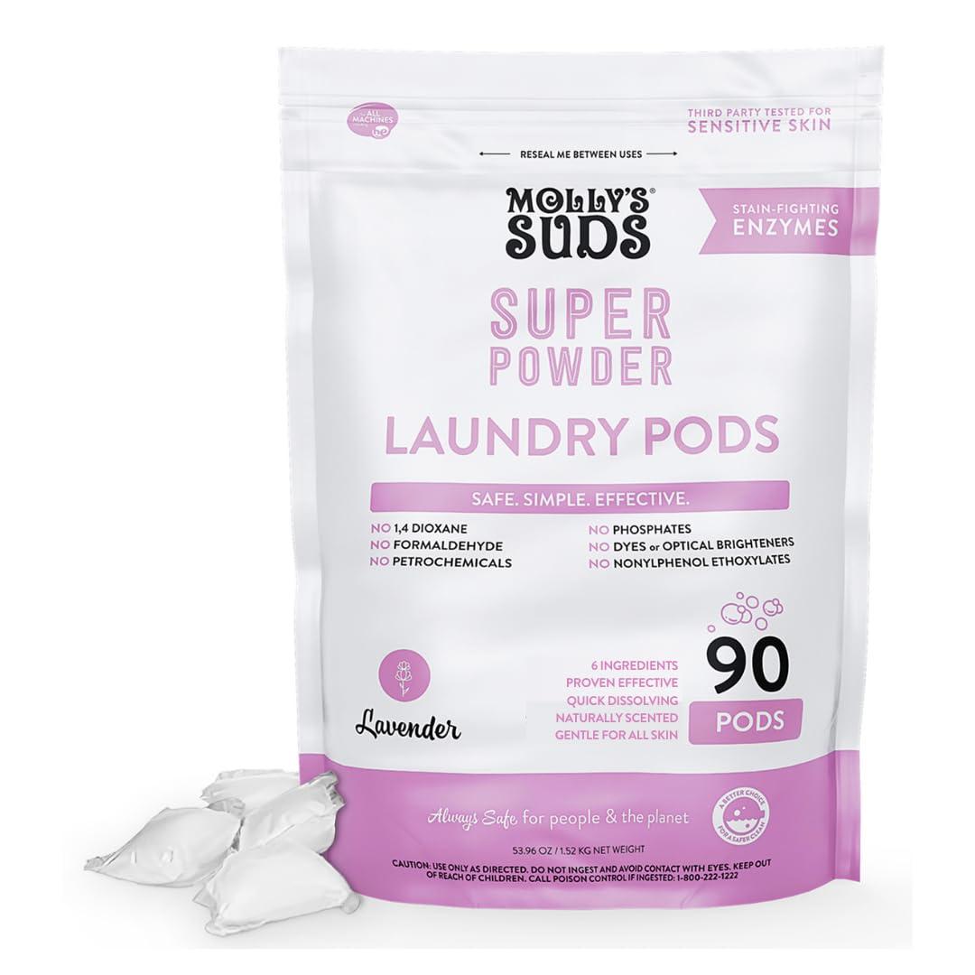 Molly\'s Suds Molly\'s Suds Super Powder Laundry Detergent Pods | Natural Extra Strength Detergent for Sensitive Skin | Ultra Concentrated and Stain Fighting (Lavender - 90 Count)