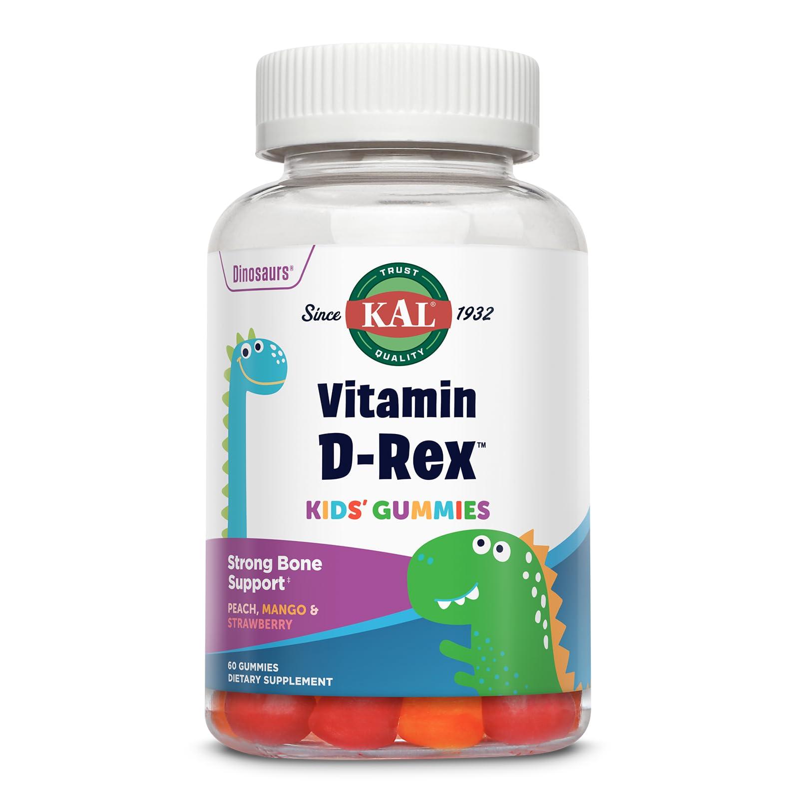 KAL KAL Vitamin D-Rex - Vitamin D Gummies for Kids - Kids Vitamin D3 - Peach, Mango, and Strawberry Flavors - Immune, Heart, Bone & Oral Support - Vegetarian, Gluten Free - 60 Servings, 60 Gummies