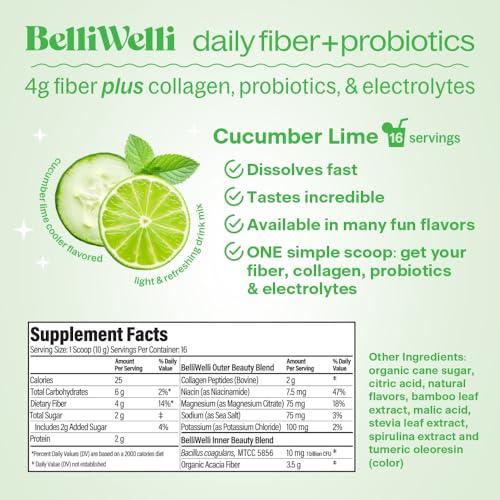 Belli Welli Belli Welli Daily Fiber Supplement with Added Collagen, Probiotics and Electrolytes | Supports Digestive Health and Regularity | Cucumber Lime Cooler | 16 Servings