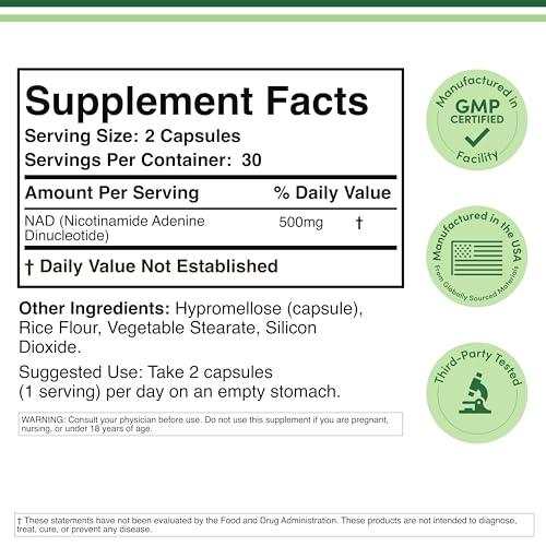 Double Wood Supplements NAD Supplement (500mg of 95% Pure NAD+ Per Serving, 30 Day Supply) NAD Booster Similar to Nicotinamide Riboside (Third Party Tested, Vegan Safe, Non-GMO) by Double Wood