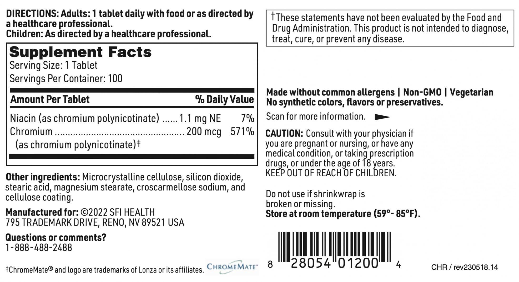 Klaire Labs Klaire Labs Chromemate - Chromemate Chromium Polynicotinate 200mcg Supplement - Bioavailable Form of Chromium with Niacin - Hypoallergenic (100 Tablets)