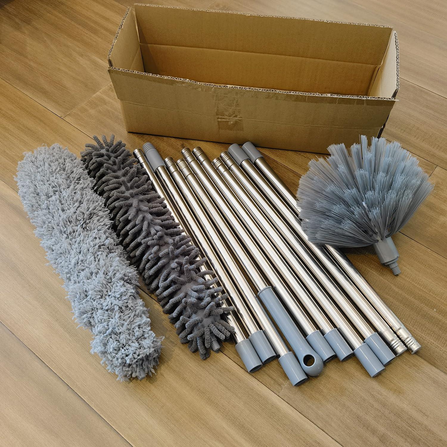 Tockrop 20+ Feet High Reach Duster Kit with 3-14 ft Extension Pole for Cleaning Fan, Spider Web, High Ceiling, Blinds, Furniture, Cars - Cobweb Microfiber Duster // Outdoor & Indoor Extendable Duster