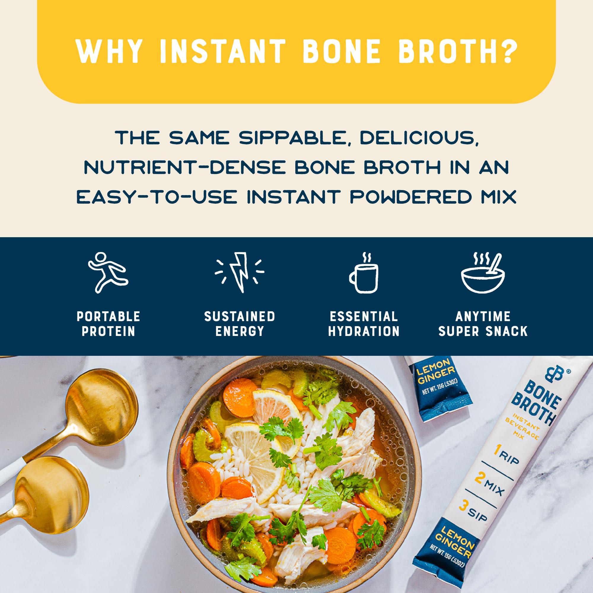Bare Bones Bare Bones Bone Broth Instant Powdered Mix, Lemon Ginger, Pack of 8, 15g Sticks, 10g Protein, Keto & Paleo Friendly Bone Broth Packets