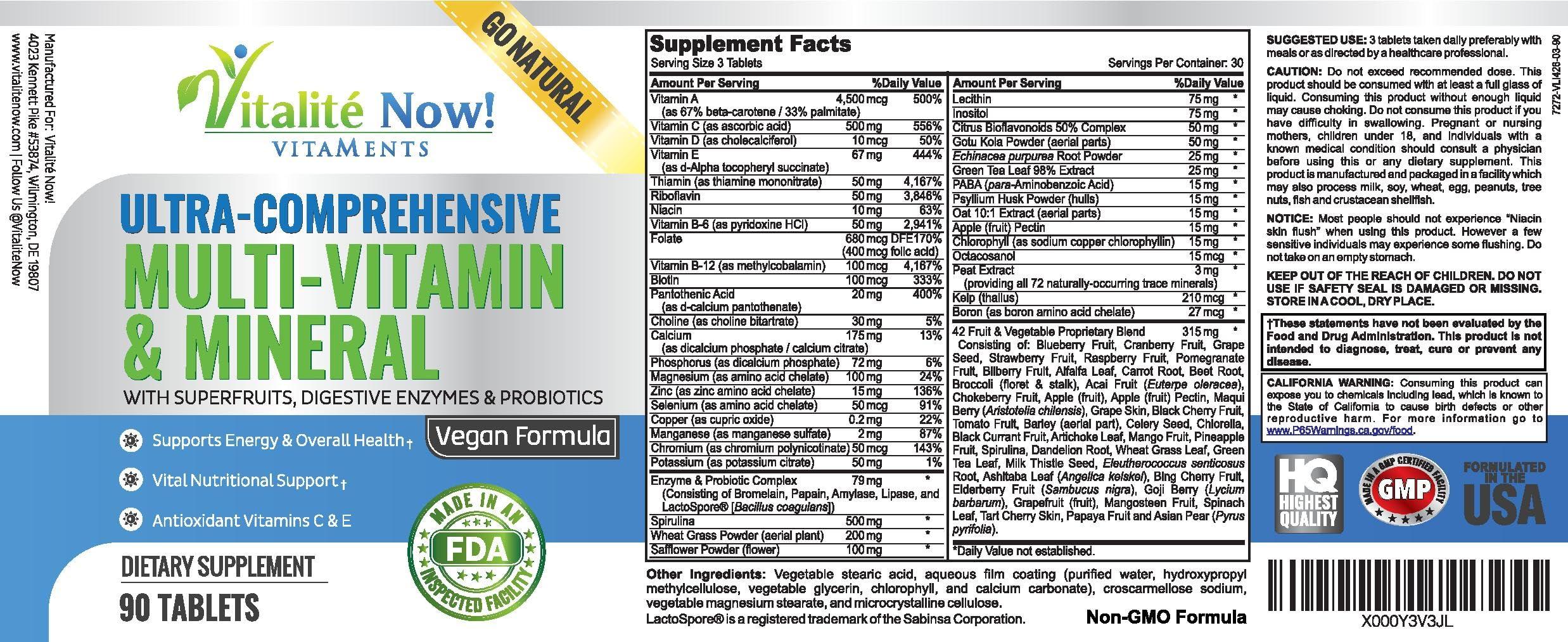 Vitalit Now! Vegan Whole Food Multivitamin & Mineral - Vitamins A B1 B2 B6 B12 C D3 E & 110 Super Foods, Herbs, Greens & Reds - Enzymes & Probiotics for Immune Support - Energy Boost - 90 Tablets