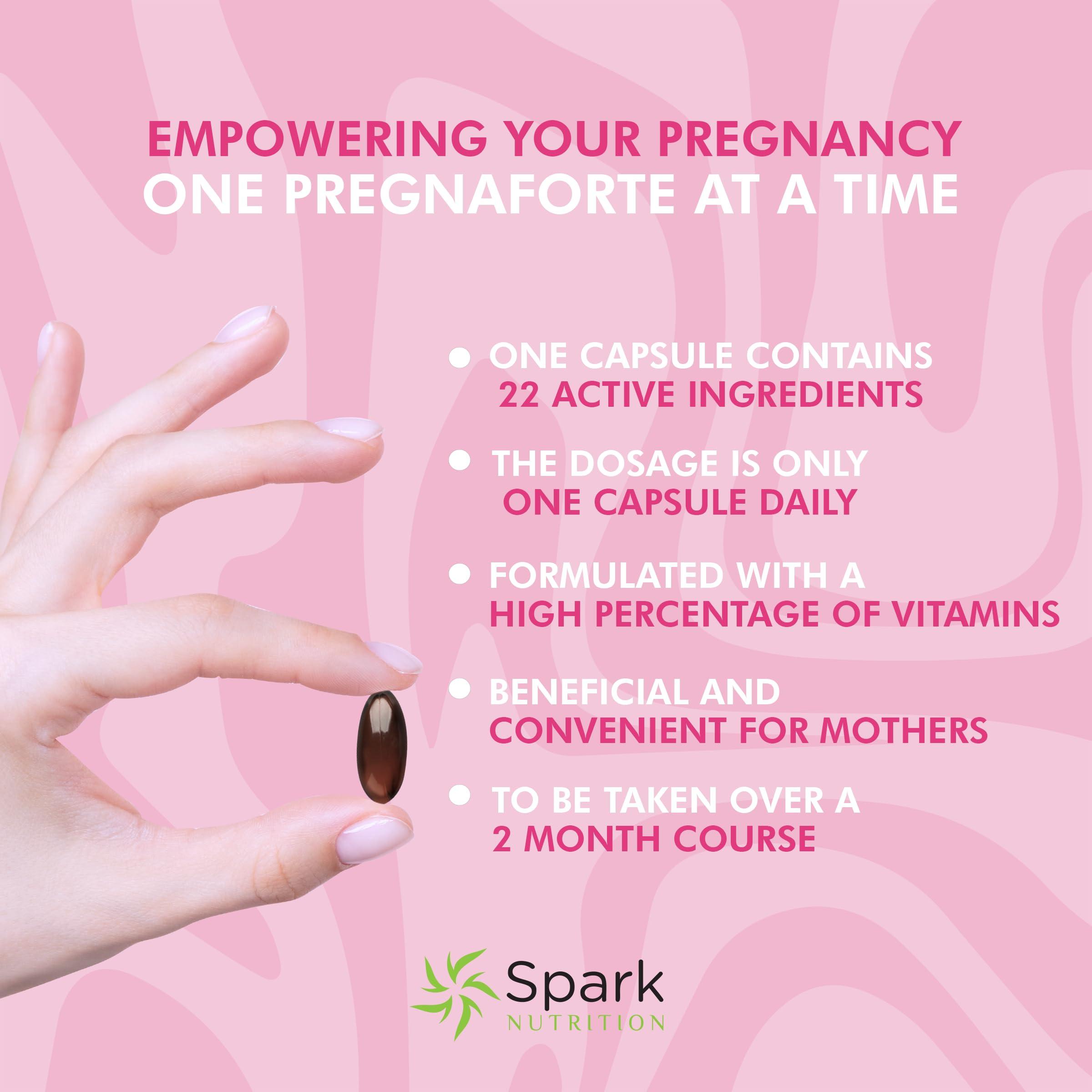 Spark Nutrition Pregnaforte 1 a day Prenatal vitamins for women 2 month: Folic acid, Fish Oil Omega 3 DHA/EPA, Vitamin D3, B6, Vitmain B12, C, E, Calcium, Iron, Magnesium, Zinc supplement FSA HSA eligble multivitamin