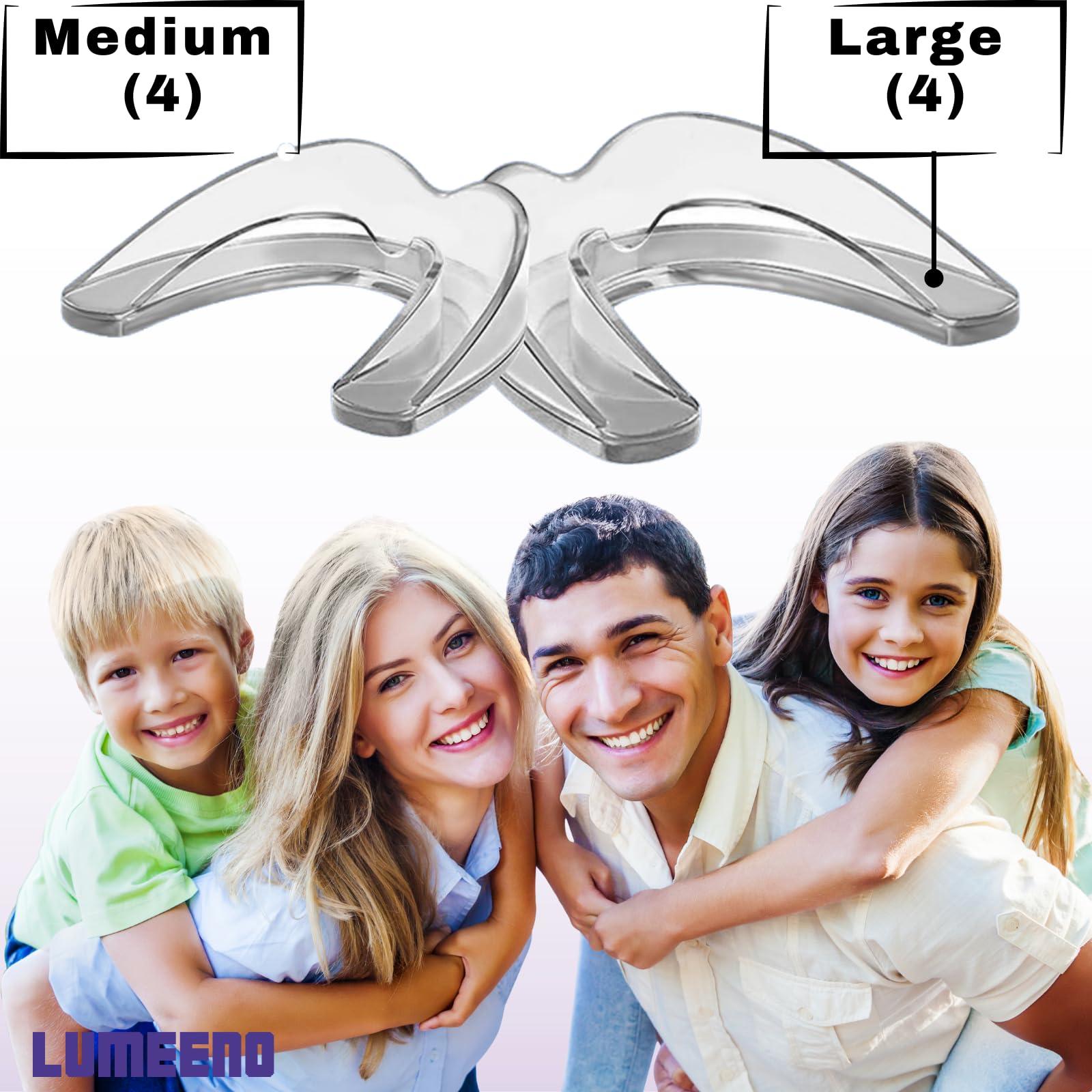 Lumeeno Mouth Guard for Grinding Teeth at Night Guards for Teeth Grinding 8-Pack (2 Sizes) and 2 Travel Cases Trimmable Design Hot Water Fit Mouthguard for Tooth Protection