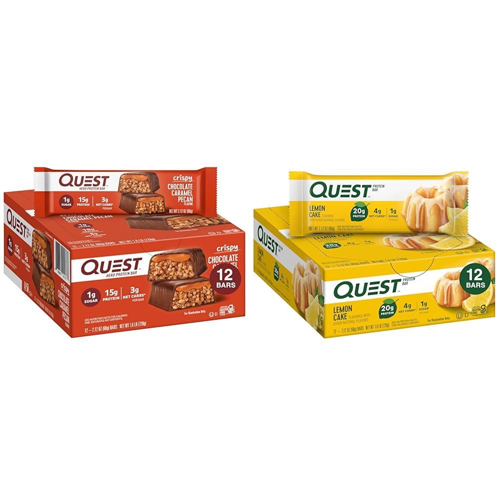 Quest Nutrition Quest Nutrition Crispy Chocolate Caramel Pecan Hero Protein Bar, 15g Protein, 1g Sugar, 3g Net Carb & Lemon Cake Protein Bars, High Protein, Low Carb, Gluten Free, 12 Count