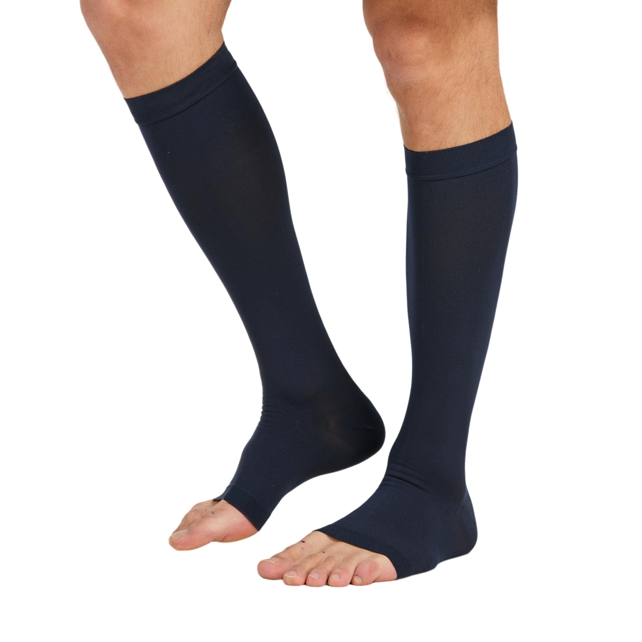 MGANG MGANG 20-30 mmHg Compression Stocking for Men and Women, Medical Compression Socks, Knee High Length, Open Toe, for DVT, Varicose Veins, Relief Shin Splints, Edema, Navy Blue X-Large