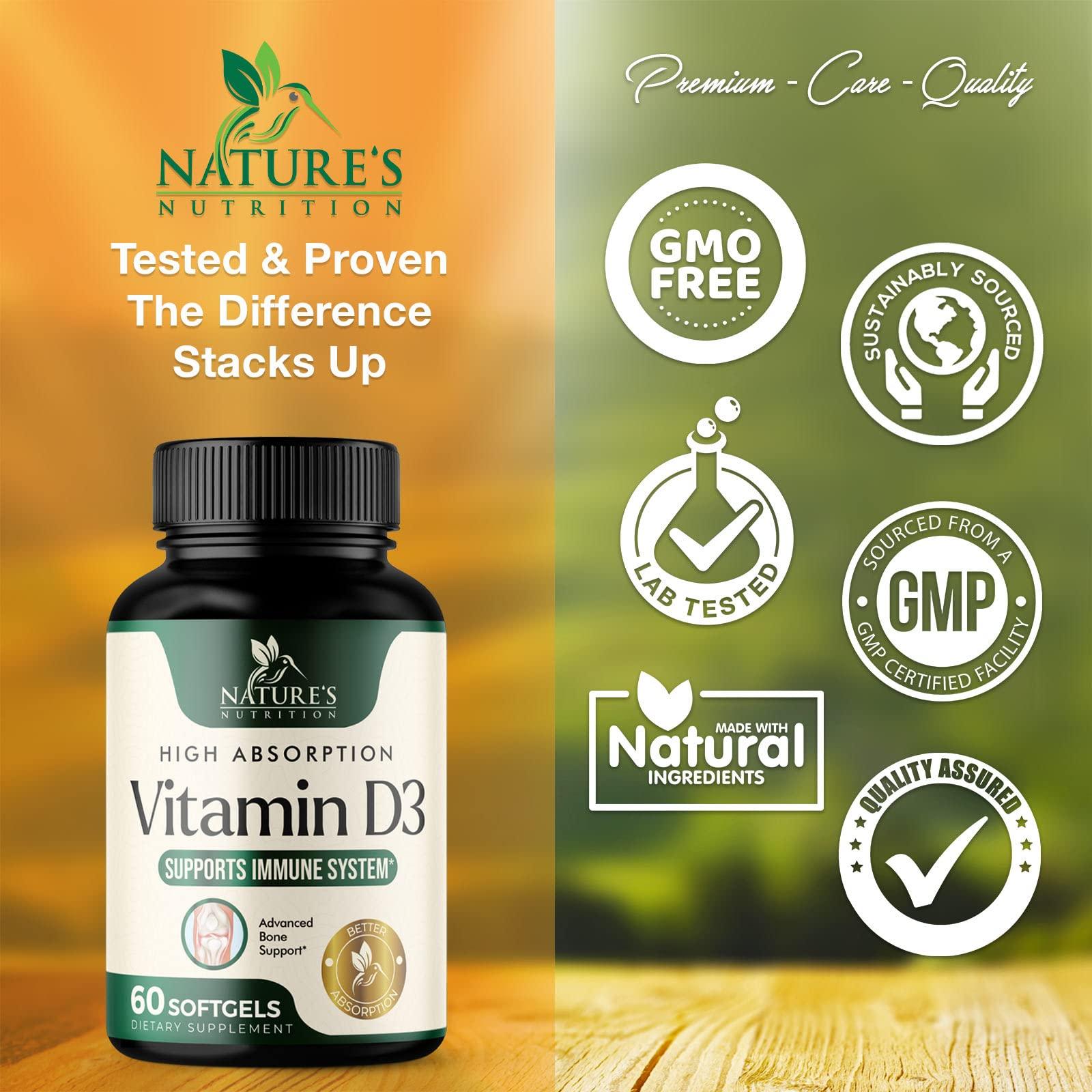 Nature's Nutrition Vitamin D3 Supplement 5000iu (125 mcg) - High Potency Vitamin D Dietary Supplement for Bone, Teeth, Muscle and Immune Health Support - Rapid Absorption D3 Softgel, Non-GMO, Gluten Free - 60 Softgels