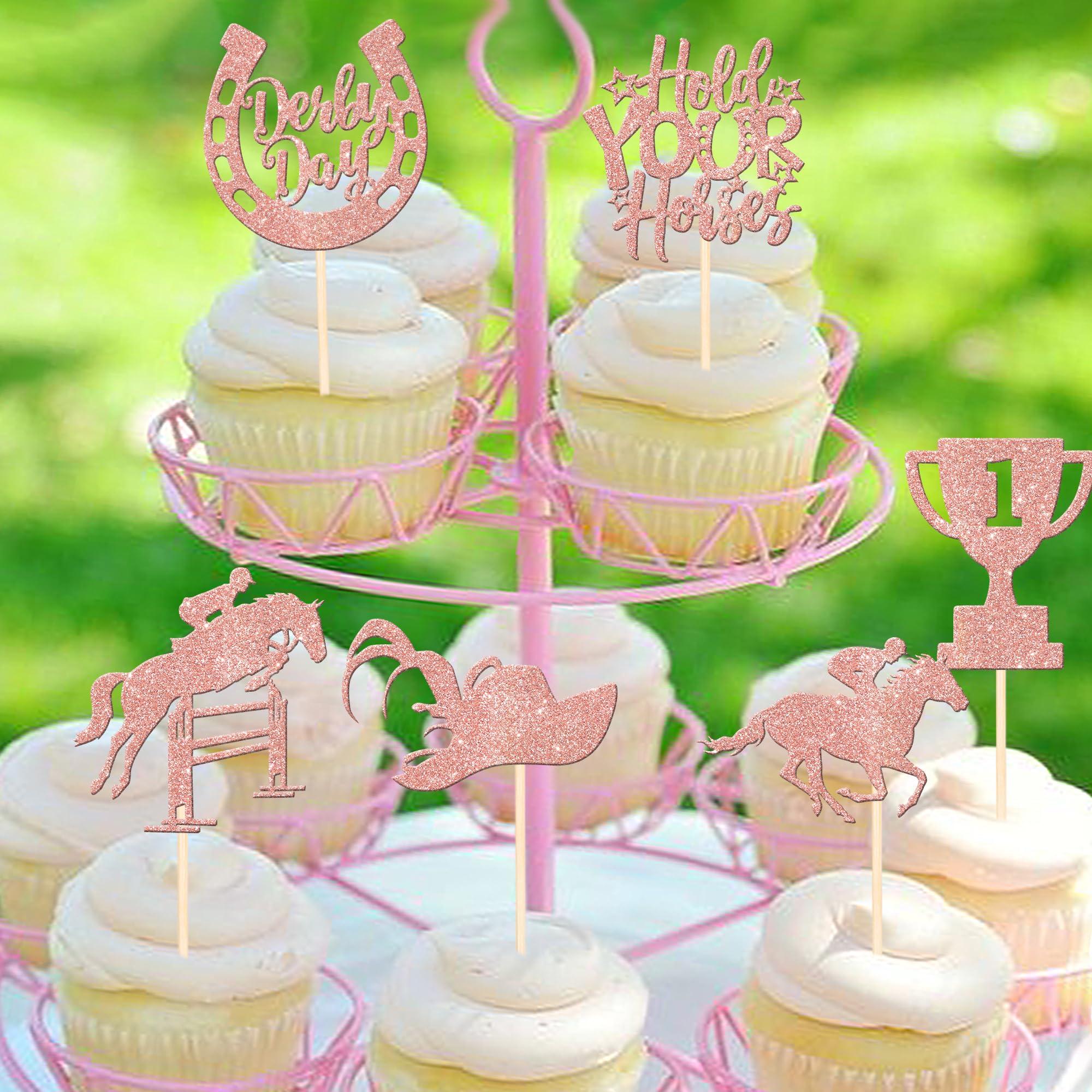 ZHUOWEISM 24 PCS Derby Horse Cupcake Toppers Glitter Horse Racing Cupcake Picks Sports Equestrian Theme Baby Shower Kids Birthday Kentucky Derby Party Cake Decorations Supplies Rose Gold