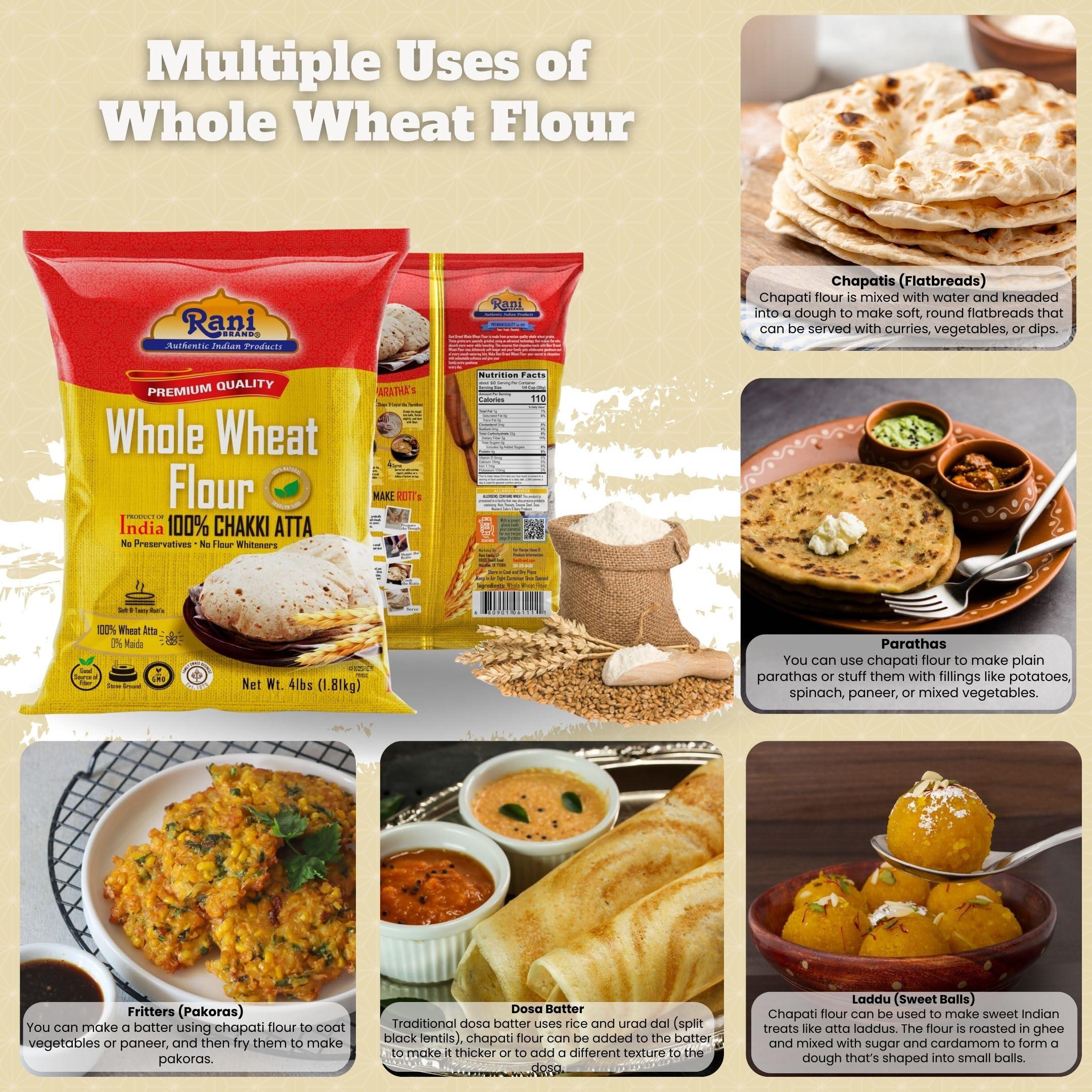 Rani Brand Authentic Indian Products Rani Chapati Flour (100% Pure Whole Wheat Atta), For Making Roti & Indian Breads 64oz (4lbs) 1.81kg Bulk ~ All Natural | Vegan | No Salt or Colors | NON-GMO | Kosher | Indian Origin