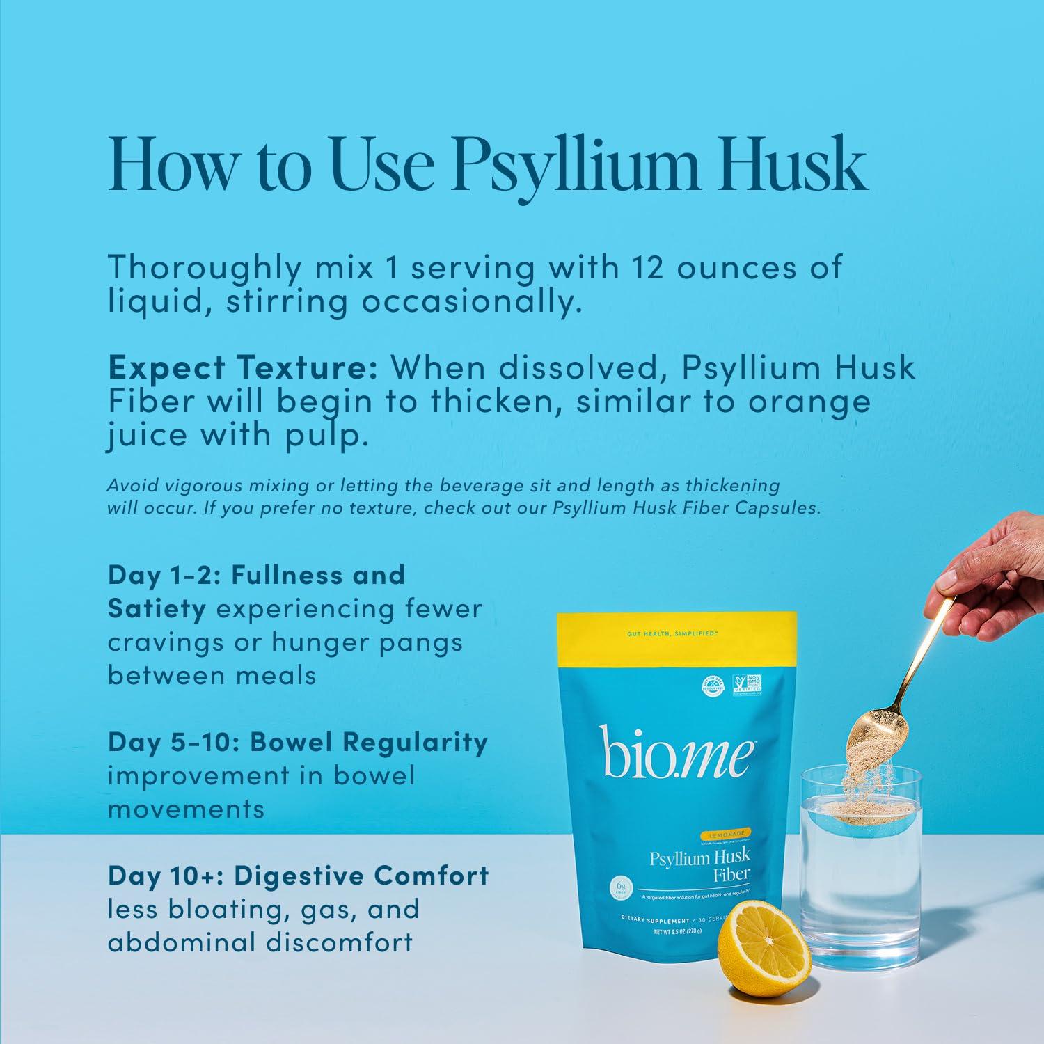 Bio.me Fiber Rescue - Psyllium Husk Powder for Digestive Health & Bloating Relief, Sugar Free Lemonade Flavored Prebiotic Soluble Fiber Powder, Non-GMO Fiber Supplement Powder, Gluten Free - 30 Servings