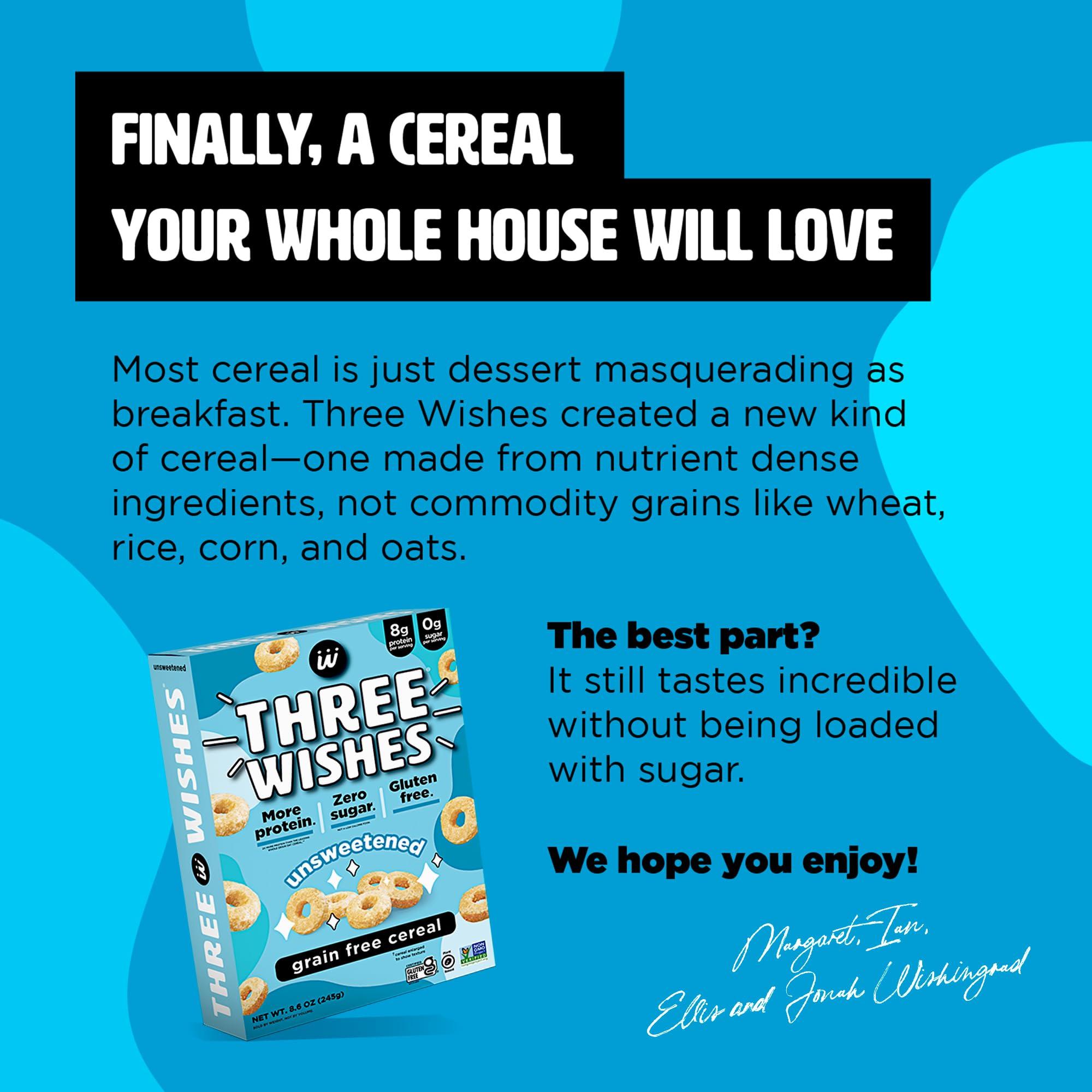 Three Wishes Plant-Based and Vegan Breakfast Cereal by Three Wishes - Unsweetened, 1 Pack - More Protein and Less Sugar Snack - Gluten-Free, Grain-Free - Non-GMO