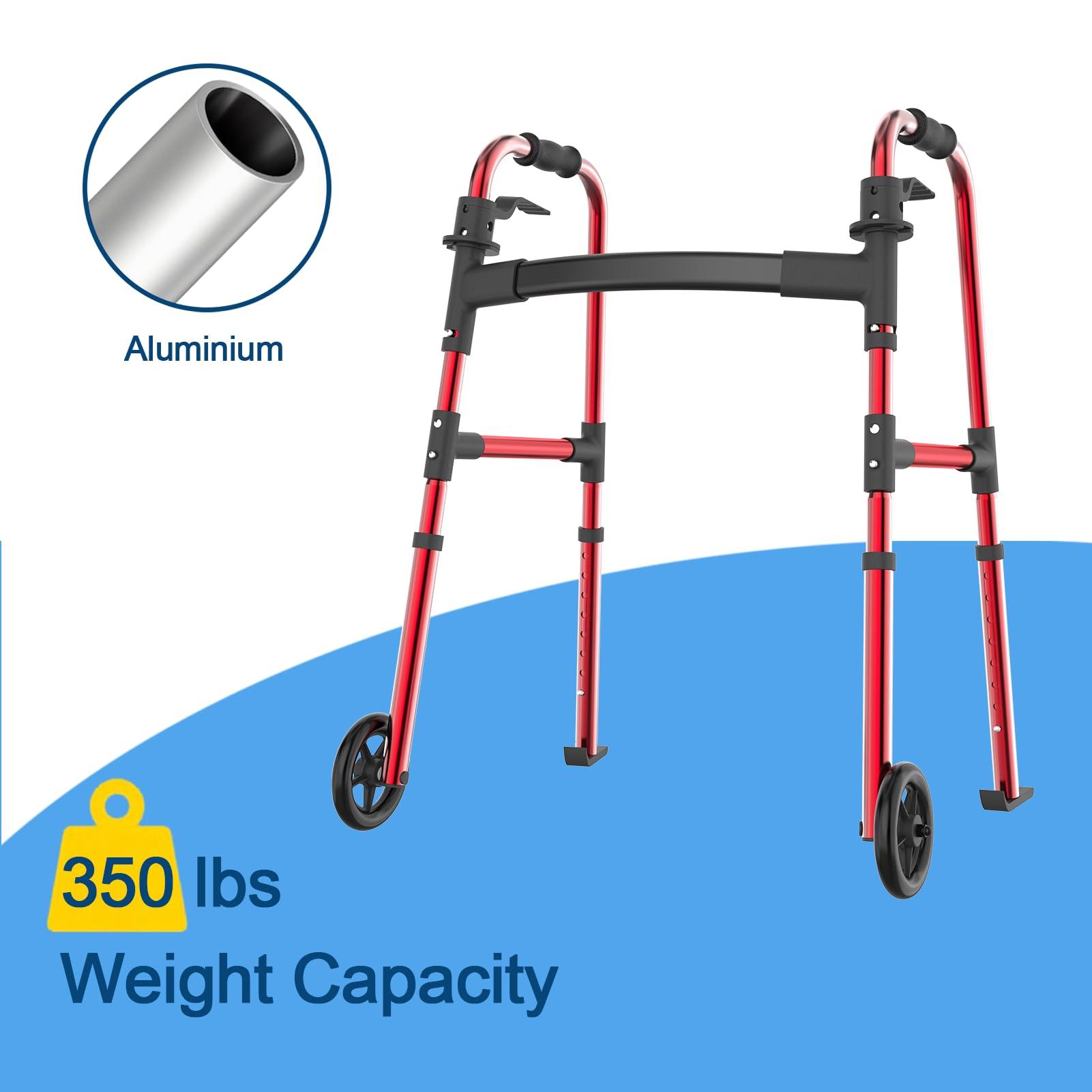 Loyoda Loyoda Folding Walker for Seniors, FSA/HSA Eligible Walker with Skis Lightweight 5\'\' Front Wheel Walker Height Adjustable Aluminum Standard Walker for Elderly and DisabledRed