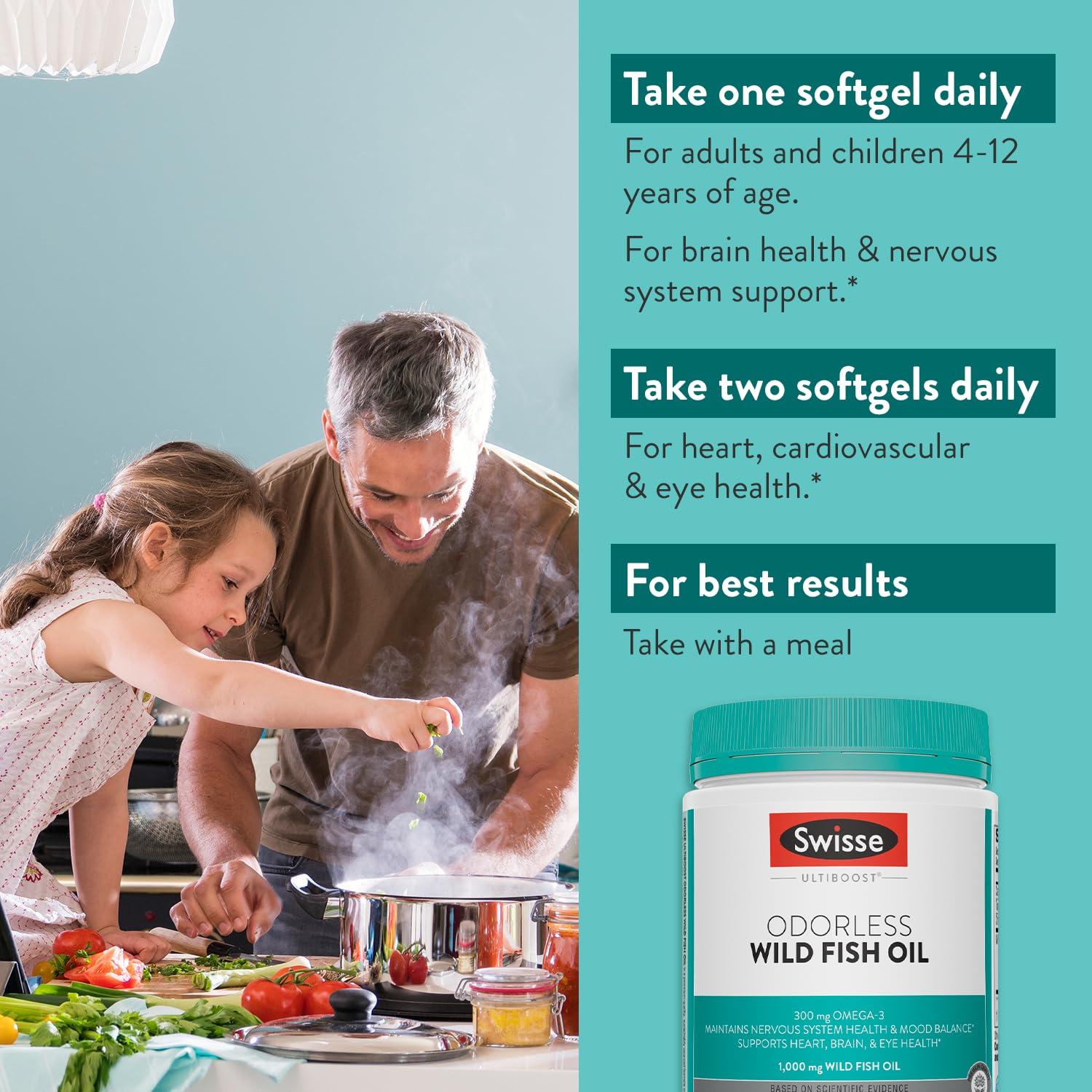 Swisse Swisse Omega 3 Fish Oil Supplement 1000mg | Heart, Brain & Eye Health Omega-3 DHA & EPA | Sustainably Sourced Essential Fatty Acids | Promotes Nervous System Health & Mood Balance | 400 Softgels