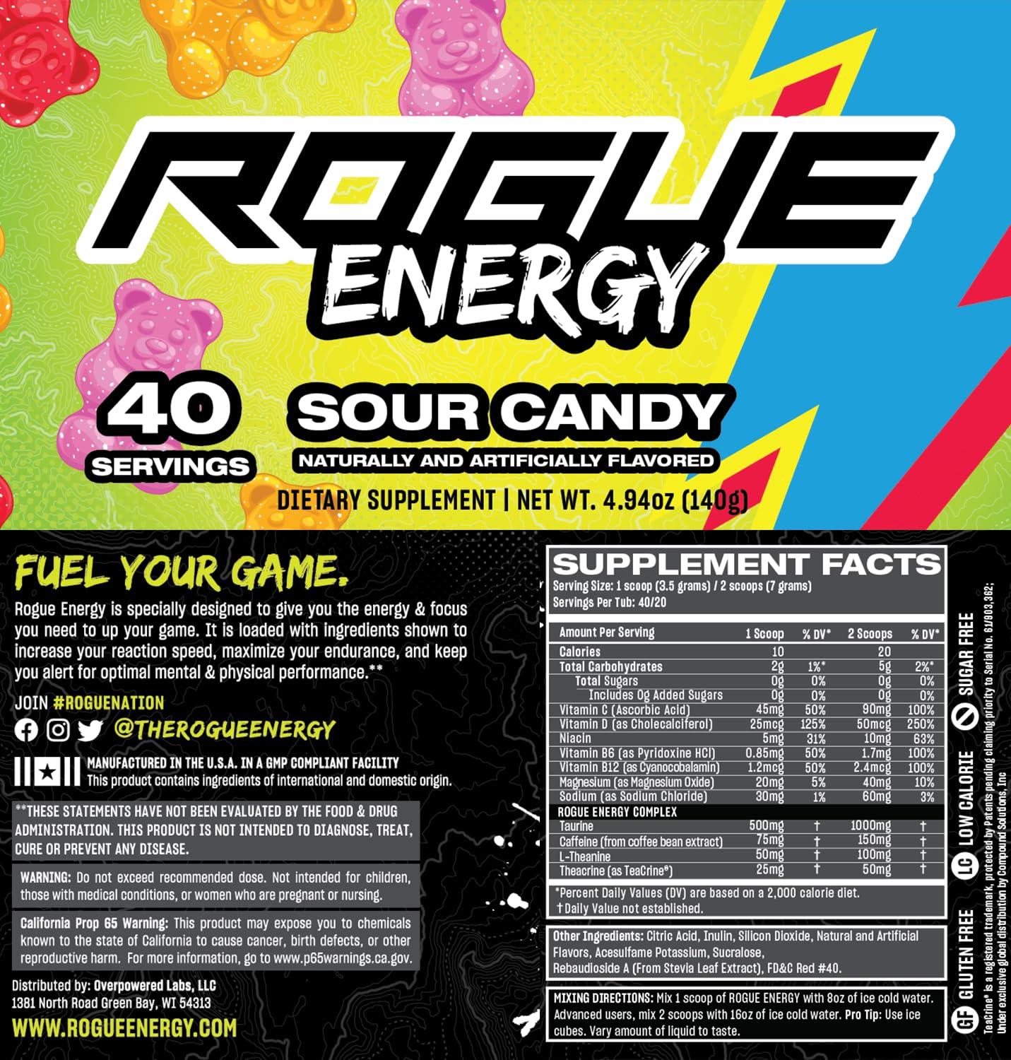 Rogue Energy Rogue Energy Energy Drink Powder for Long Gaming Hours - Energy Powder for Mental Focus - Sugar & Gluten Free - Gaming Supplement with Caffeine & Vitamins - Made in USA (Sour Candy - 40 Servings)