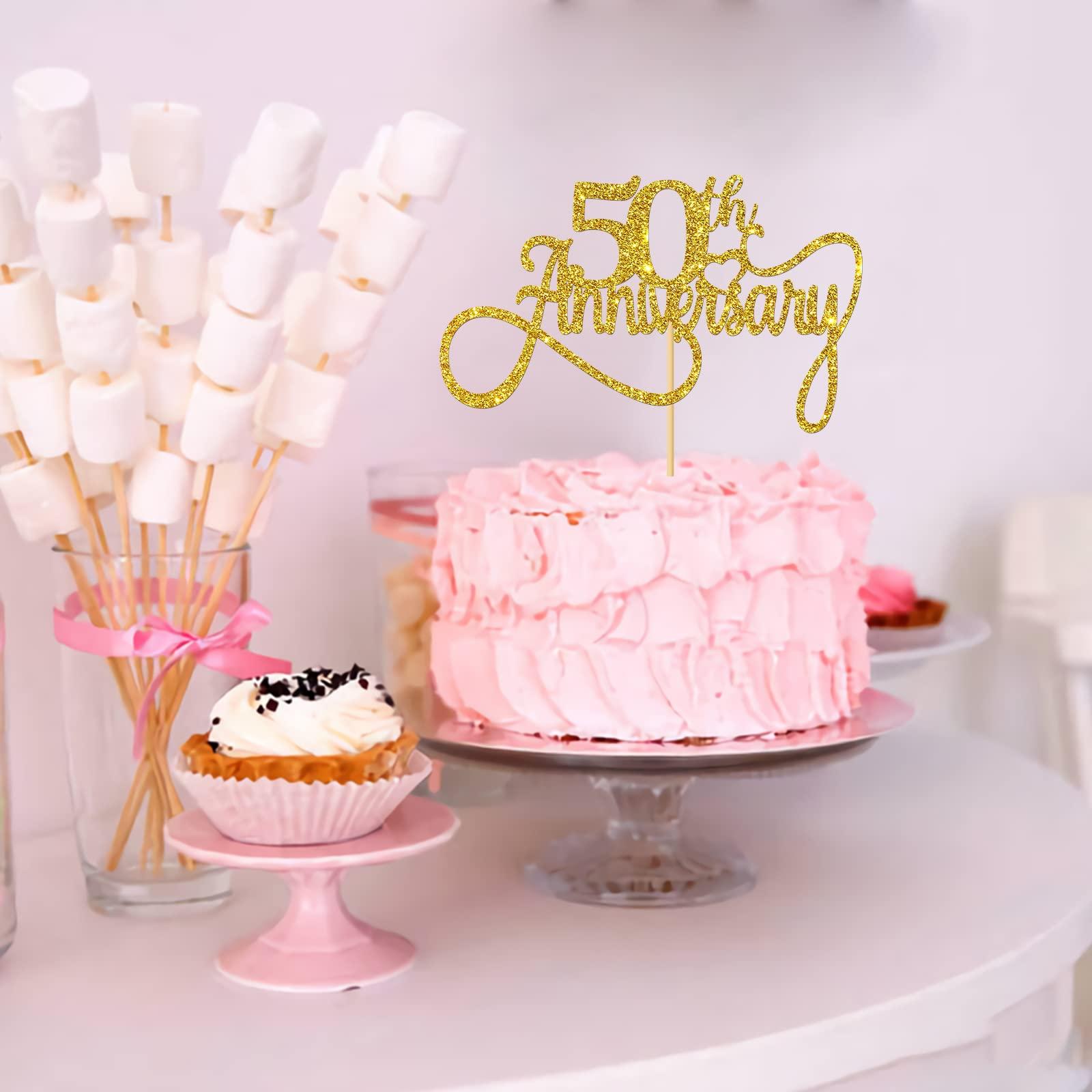 MonMon & Craft Gold Glitter 50th Anniversary Cake Topper / Happy 50th Birthday Cake Topper / 50th Wedding Anniversary Birthday Theme Party Decorations