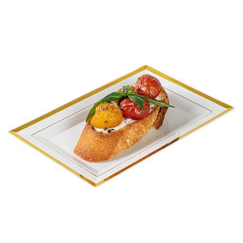 Restaurantware Restaurantware Moderna 7.5 x 5.3 Inch Premium Disposable Plates 10 Rectangular Plastic Plates For Parties - Gold-Rimmed Durable White Plastic Dinner Plates For Warm And Cold Foods