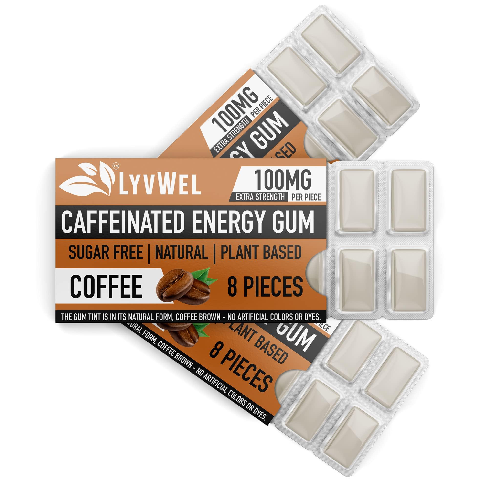 Lyvwel LyvWel Energy Gum | 100mg Caffeine per gem | All Natural | Sugar-Free Pre-Workout Boost: Your Essential Energy Supplement to Stay Awake- 3 Pack (Coffee)