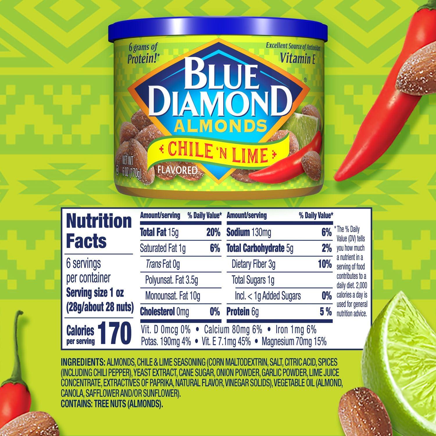 Blue Diamond Almonds Blue Diamond Almonds, Snack Nut Flavored Chile n\' Lime perfect for On-the Go, and Snacking, 6 Ounce Can