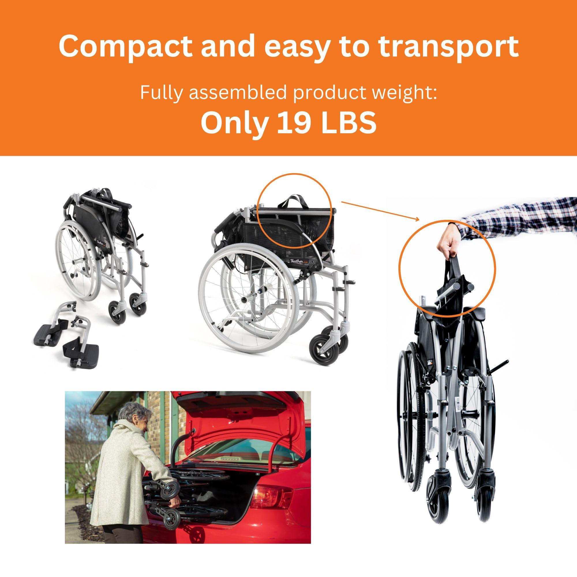 FeatherMobility Feather Mobility - Red Cushion 13.5lb Silver Frame Lightweight Folding Wheelchair - with Swingaway Legrests, Anti-tippers, and Quick Release Wheels