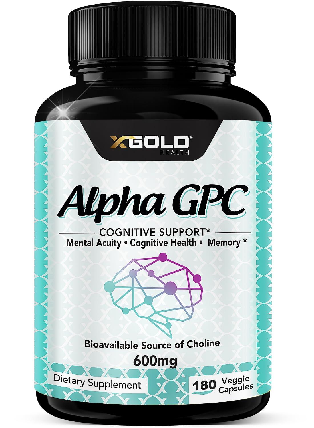 X Gold Health Alpha GPC Choline Supplement 600mg, 99%+ Highly Purified, Highly Bioavailable Source of Choline,180 Veggie Capsules, Cognitive Enhancer Nootropic, Supports Memory & Brain Function, Boosts Focus & Mood