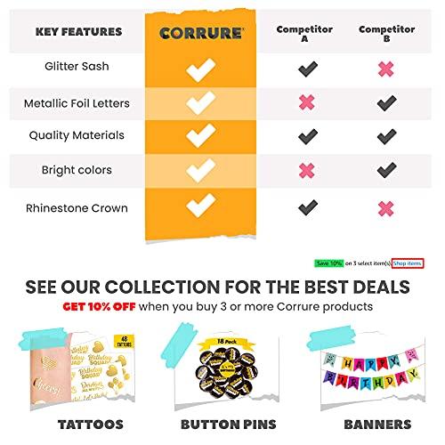 CORRURE CORRURE 'Birthday Girl' Sash, Rhinestone Tiara, and Cake Topper Set - Happy Birthday White Glitter Sash and Crown for Women's Sweet 16, 18th 21st 25th 30th 40th 50th or Any Other Bday Party