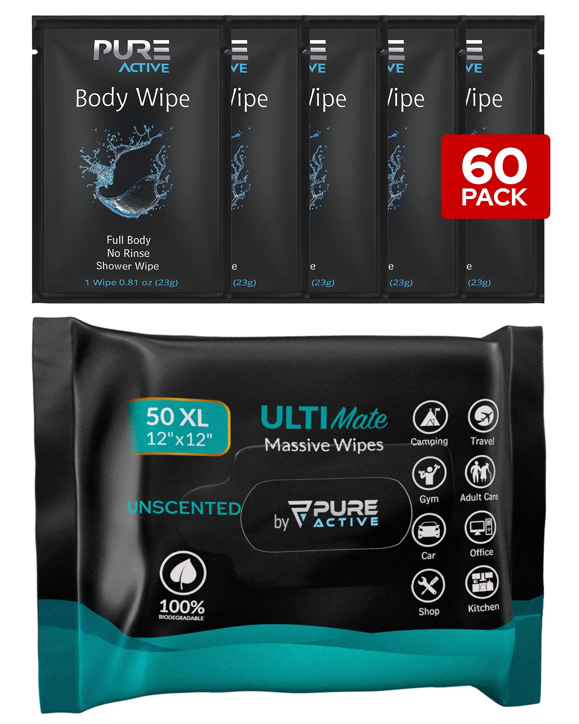 Pure Active 60 Individually Wrapped Shower Body Wipes + 50 Extra Thick Unscented Shower Wipes, Camping Wipes For Bathing, Rinse Free Body Cleansing Wipes