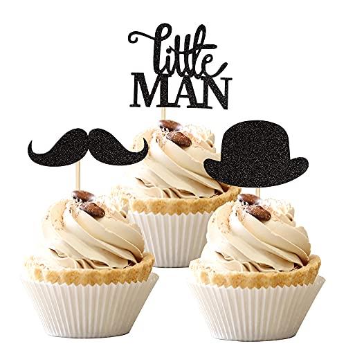 ZHUOWEISM 36 PCS Little Man Cupcake Toppers Black Glitter Hat Mustache Cupcake Picks for Baby Shower Boys Birthday Party Cake Decorations Supplies