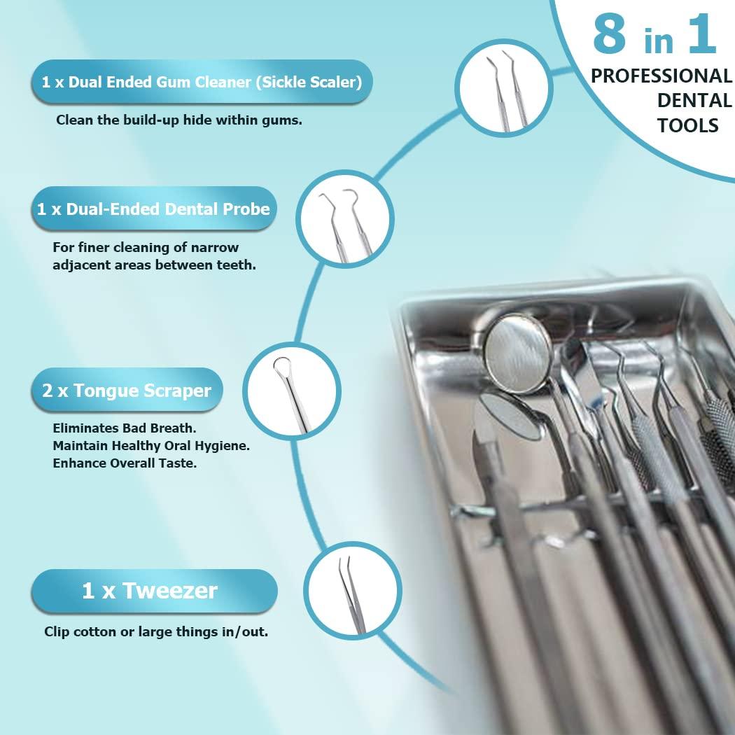 KOHEEL KOHEEL Dental Tools with Metal Case, 8 Count Teeth Cleaning Tools Set, Remove Plaque, Oral Care Hygiene Kit & Toothpicks Pocket Set, Reusable Dental Floss Picks Kit, Tooth Picker