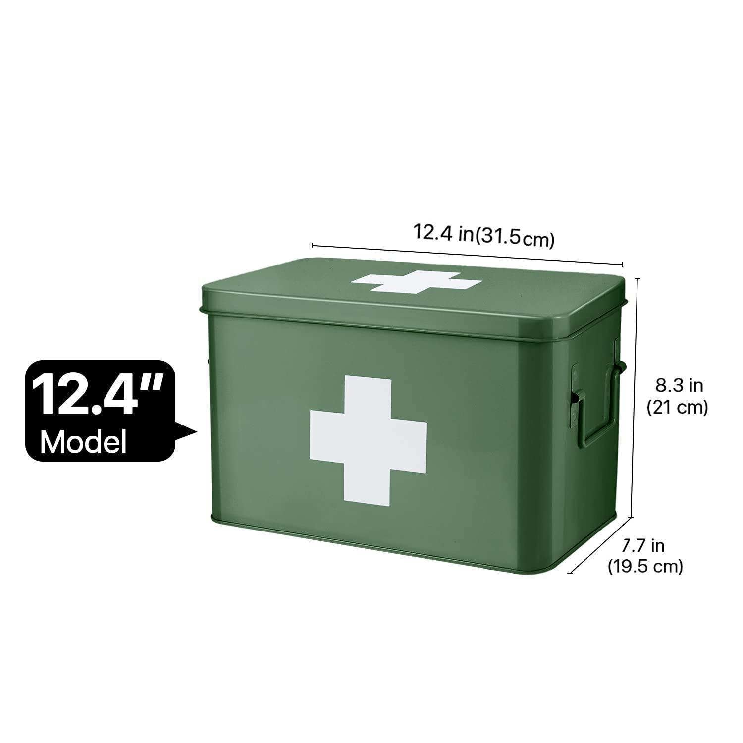 Flexzion Flexzion First Aid Box Organizer - Empty 13\" Green Vintage First Aid Kit Tin Metal Medical Box - First Aid Storage Box Container Bins with Dividers, Removable Tray and White Cross Logo