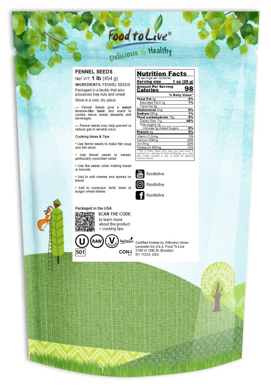 Food to Live Food to Live Fennel Seeds, 1 Pound Whole Raw Seeds, Non-Irradiated, Kosher, Vegan, Bulk. Sweet Licorice Flavor. High in Dietary Fiber. Great for Fennel Tea