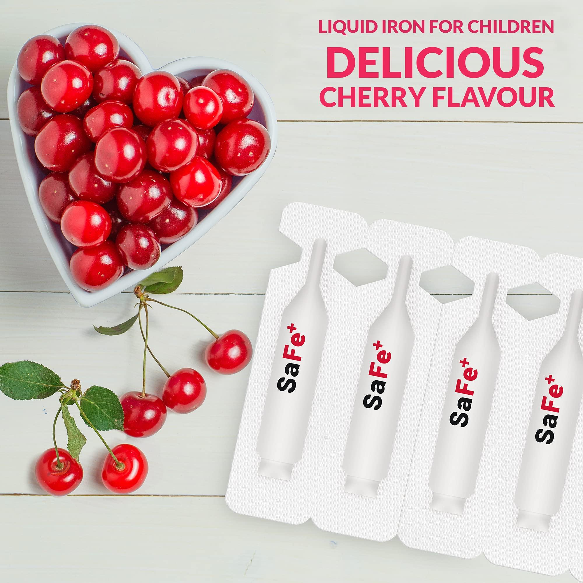 SaFe+ SaFe+ Liquid Iron for Children | Great Tasting Cherry Flavor | Easy to Use 20mg/2mL Iron per ampule | 30 Unit-Doses (2 ml Each) I Sugar Free & Allergen Free I Maintain Physical & Mental Wellbeing