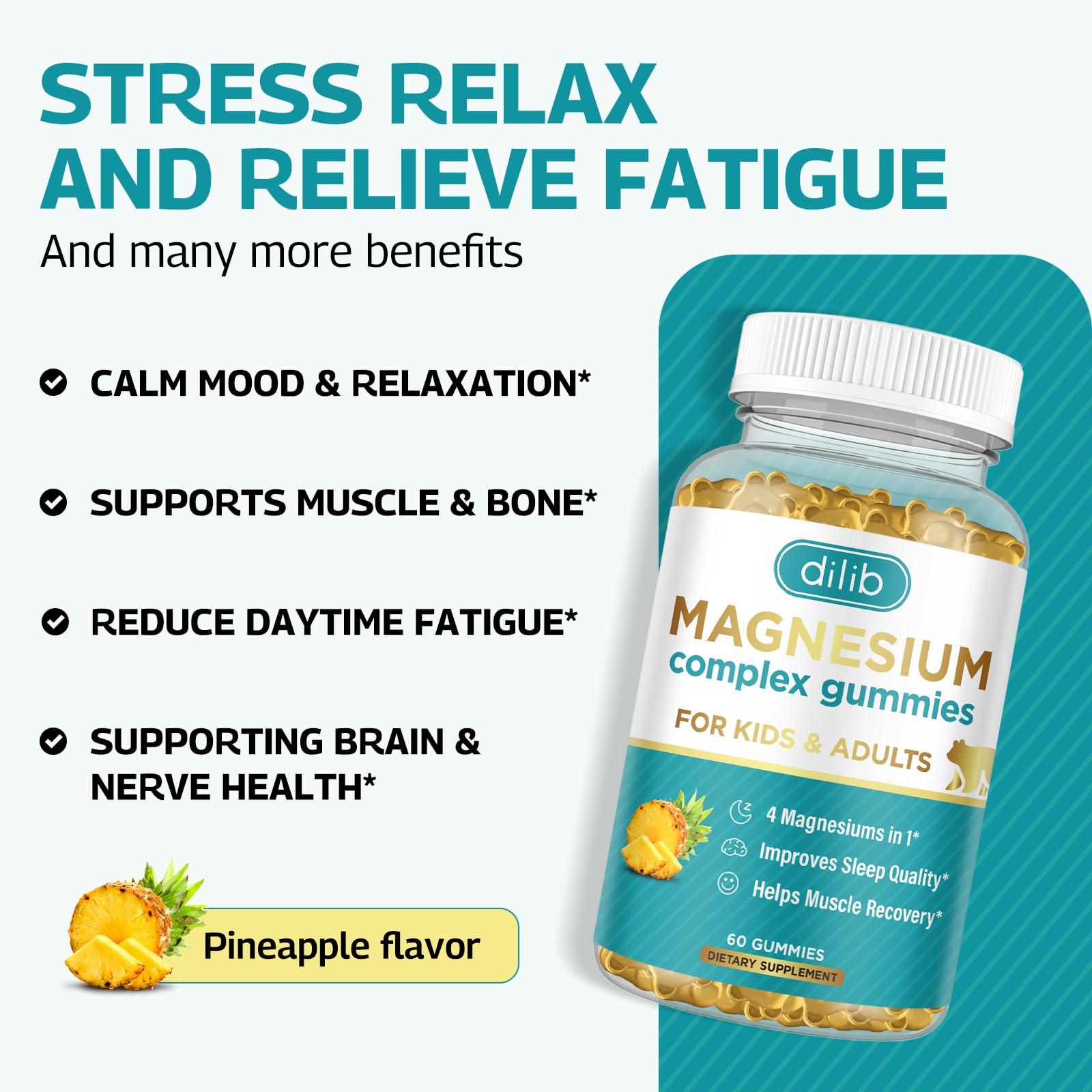 dilib Magnesium Complex Gummies- Calm Chewable Gummies for Kids & Adults- Magnesium Glycinate, Taurate, Citrate, Malate, Supplement-Support Calm Stress Relief, Bone, Muscle, Mood Vegan, 60 Gummies