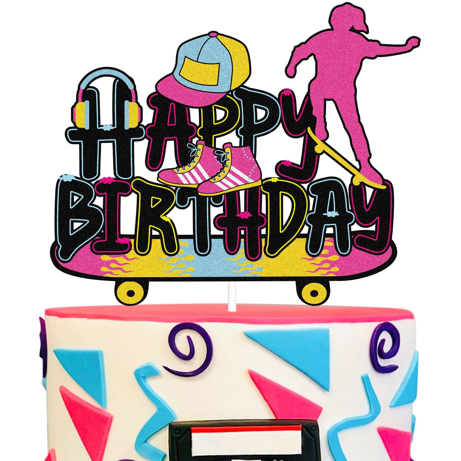 LHCING Girl's Skateboard Happy Birthday Cake Topper - 80's Retro Birthday Party Glitter Skateboard Cake Topper - Sport Skateboarding Birthday Party Cake Topper Decoration