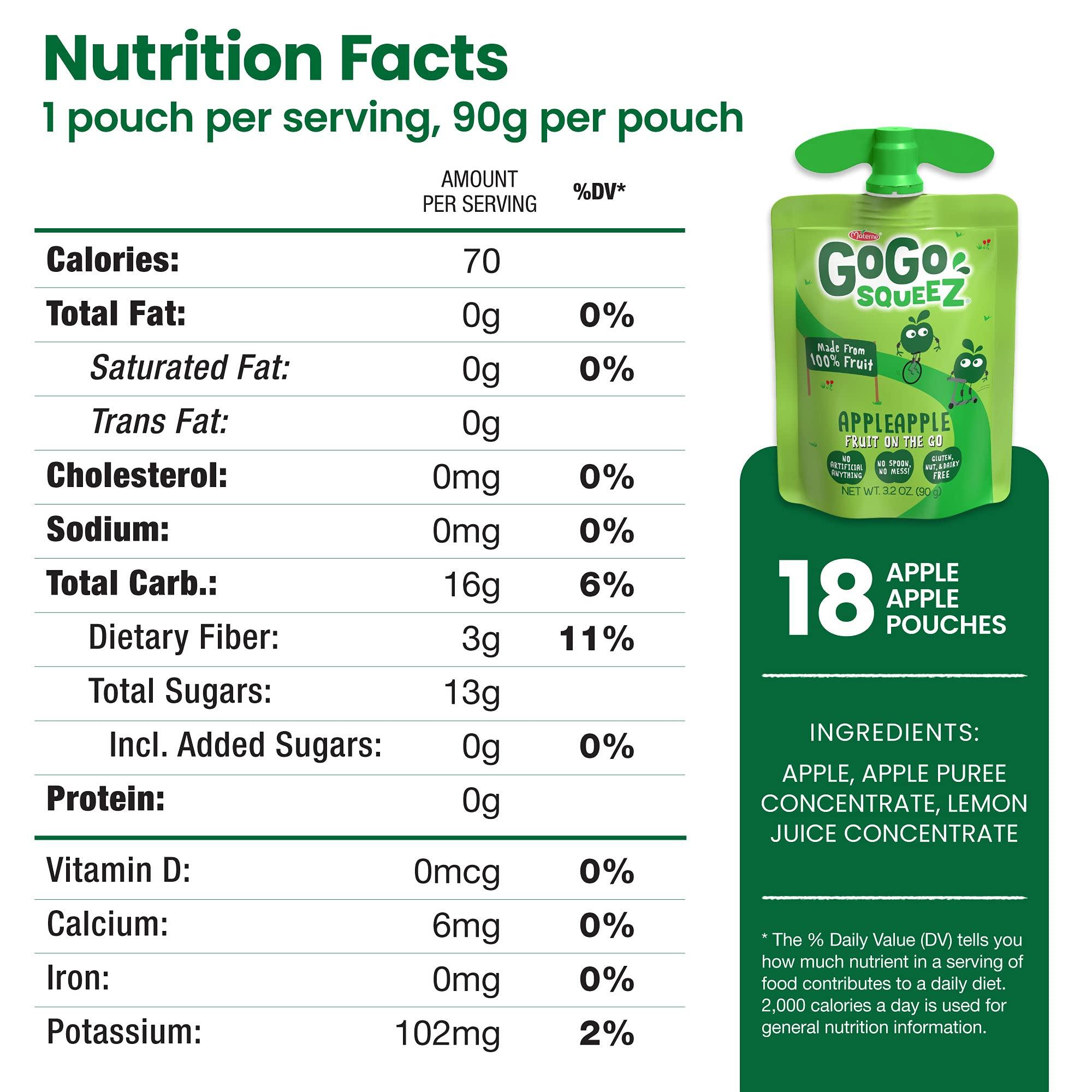 GoGo SqueeZ GoGo squeeZ Applesauce and Fruit Puree, Apple Apple, 3.2 oz (Pack of 18), Unsweetened Fruit Snacks for Kids, Gluten Free, Nut Free and Dairy Free, Recloseable Cap, BPA Free Pouches