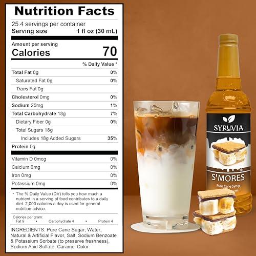 SYRUVIA Syruvia Smores Syrup for Coffee - 25.4 fl oz. Sweet Coffee Flavoring Syrup. Kosher and Gluten-Free. Perfect for Lattes, Smoothies, Shakes, Drinks, Desserts, and More.
