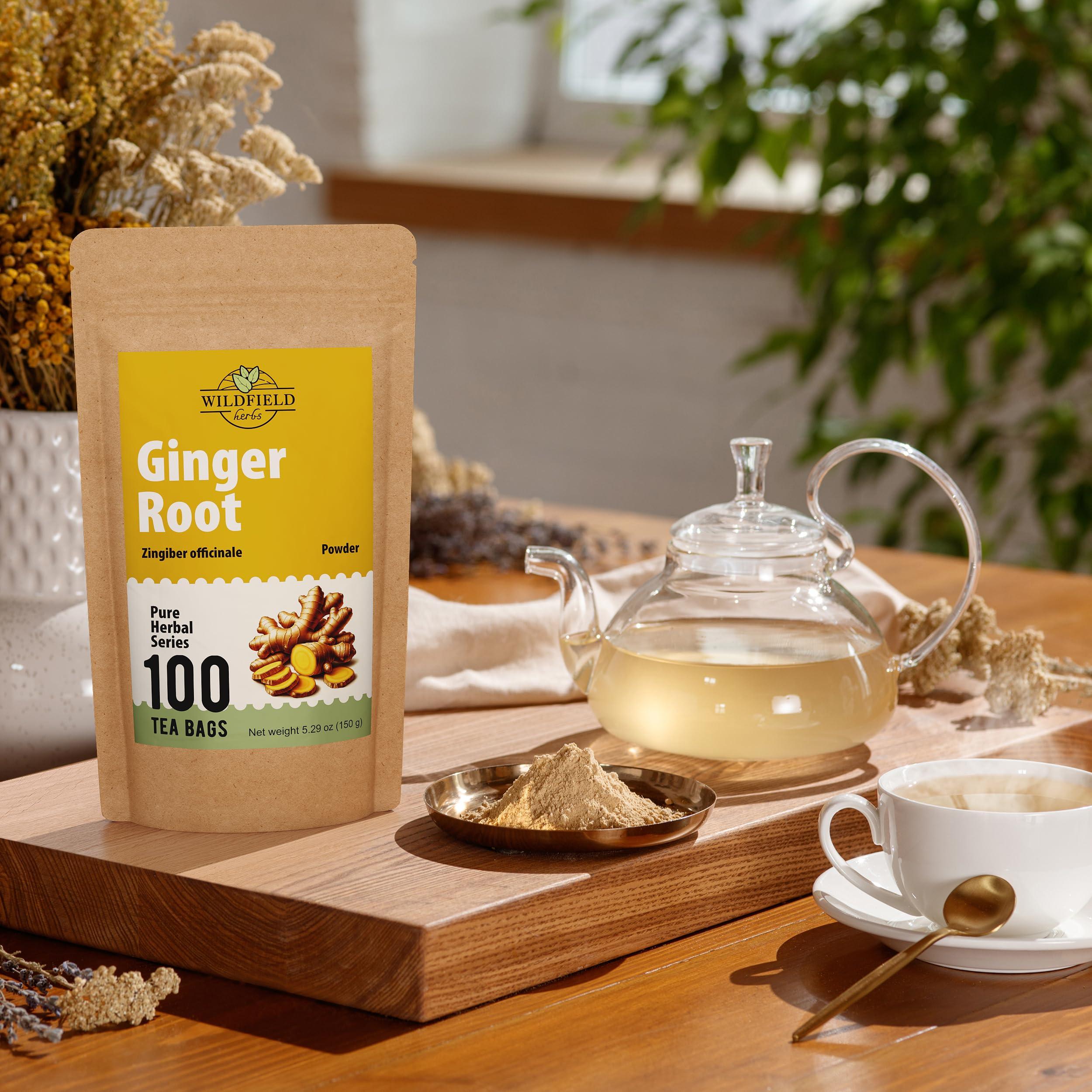 WILDFIELD HERBS 100 Ginger Tea Bags Ginger Root Tea Dry Dried Herb (Zingiber officinale) - 100 Count 1.5g Tea Bags Ginger Raz de jengibre