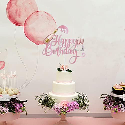 KEWEYA Champagne Happy Birthday Cake Topper Celebrating Cheers to 21 30 40 50 60 Years Theme Birthday Party Decoration Supplies Pink Rose Gold Glitter Beers Wine Glass Cake Decor for Men Women