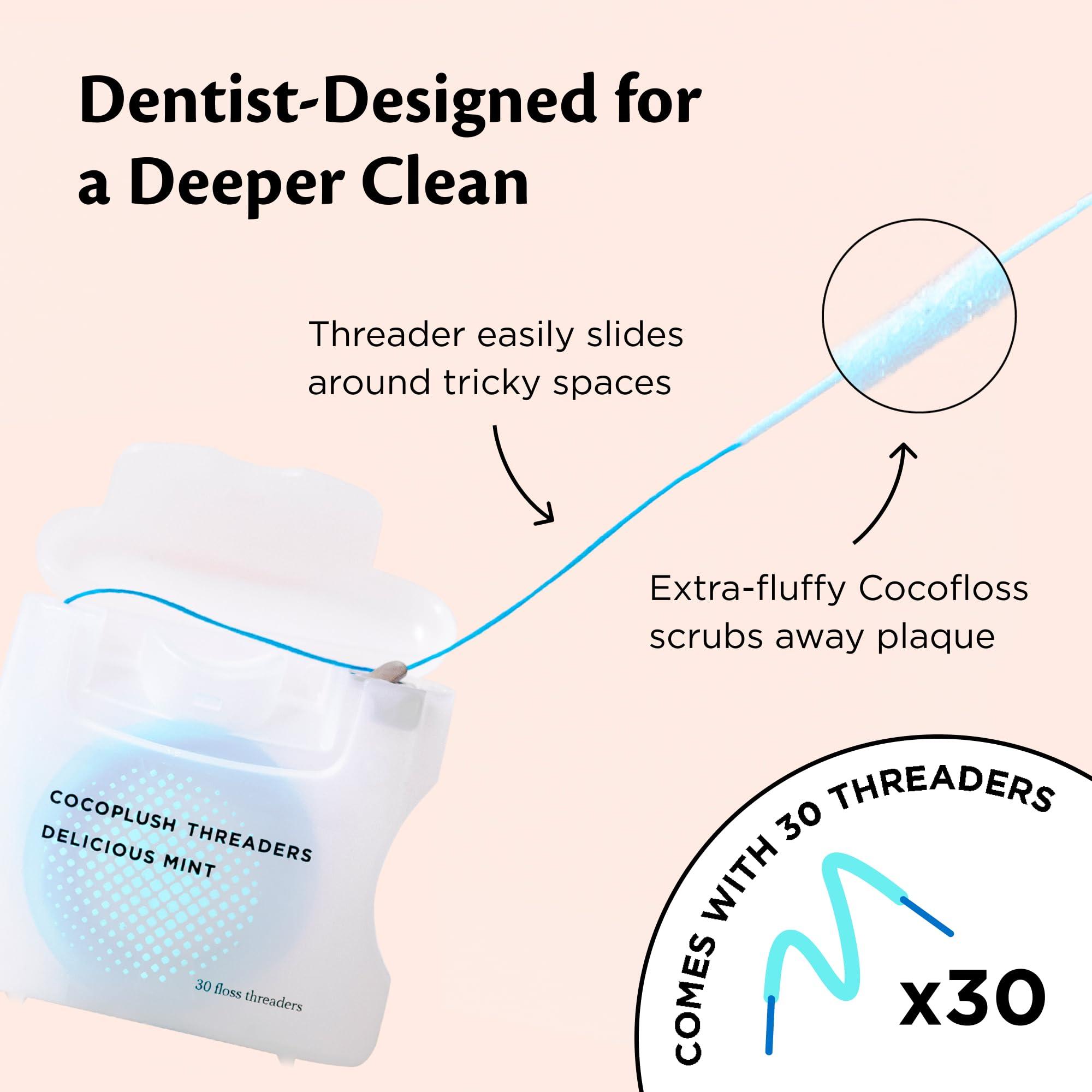 Cocofloss Cocofloss CocoPlush Threaders, Dental Floss for Implants, Bridges, and Braces, Mint, Waxed, Dentist-Designed Oral Care with Coconut Oil, 30 Per Pack