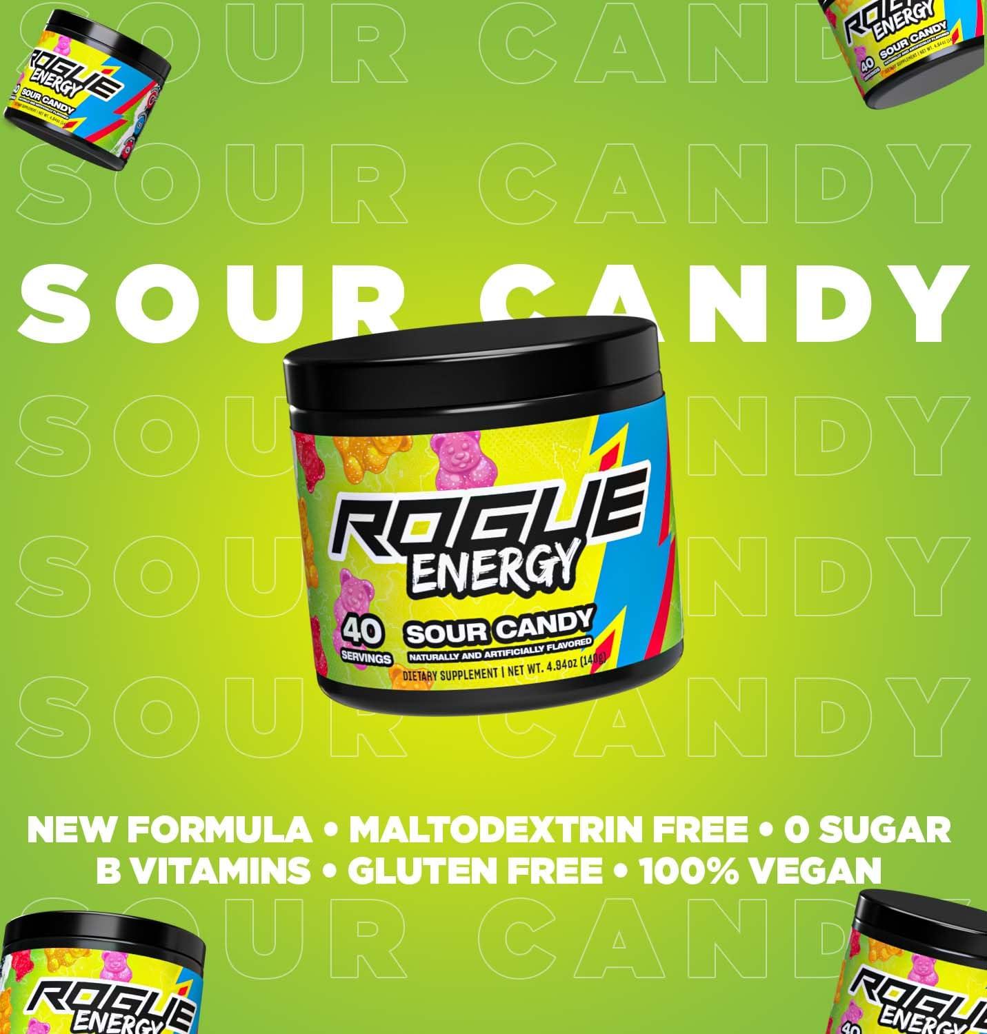 Rogue Energy Rogue Energy Energy Drink Powder for Long Gaming Hours - Energy Powder for Mental Focus - Sugar & Gluten Free - Gaming Supplement with Caffeine & Vitamins - Made in USA (Sour Candy - 40 Servings)