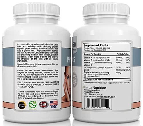 Herbal Nutrition Herbal Nutrition Phytoceramides Rice Based with Biotin Vitamin A C D and E, 4 Bottle Pack 40mg