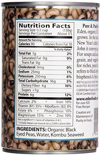 Eden Eden Organic Black Eyed Peas, 15 oz Can, No Salt, Non-GMO, Gluten Free, Vegan, Kosher, U.S. Grown, Heat and Serve, No Preservative, Macrobiotic