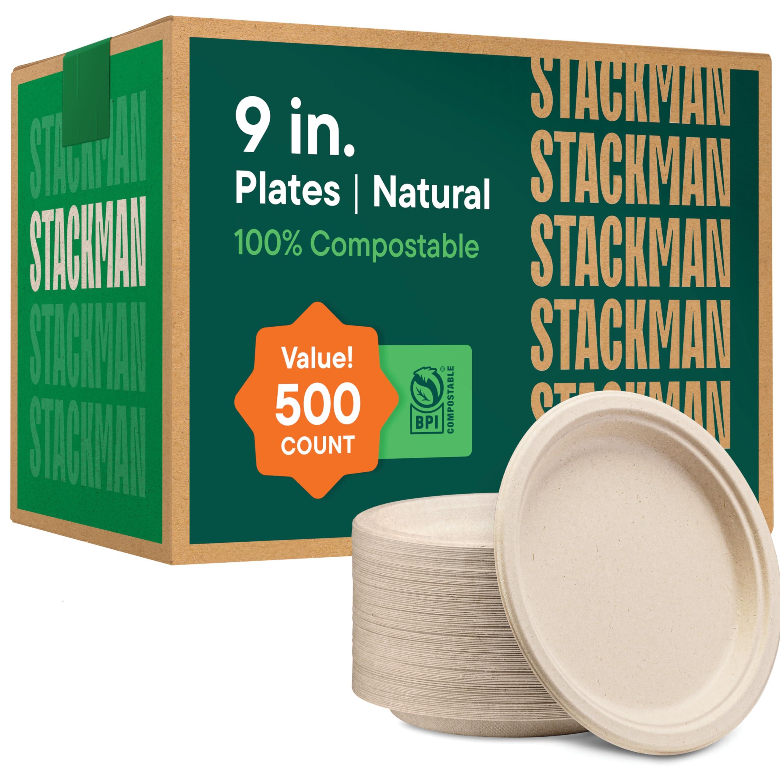Stack Man 100% Compostable Paper Plates 9 Inch [500 Count] Heavy-Duty Dinner Plates - Natural Brown Color Unbleached Bagasse - Eco-Friendly Disposable Biodegradable Sugarcane Plates - [Bulk Case 4/125 Pack]
