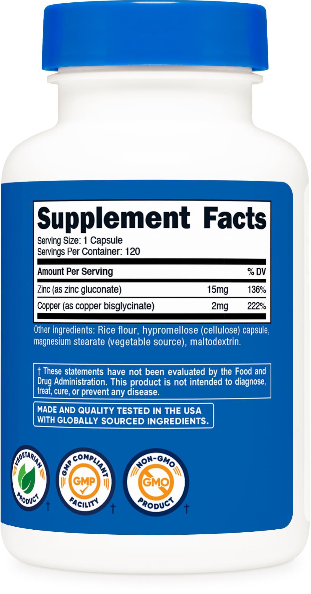 Nutricost Nutricost Zinc + Copper Capsules (120 Servings)(15MG Zinc + 2MG Copper Per Serving) - Non GMO, Vegetarian