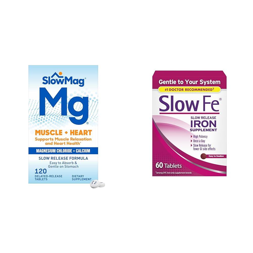 Slow-Mag SlowMag Muscle Heart Magnesium Chloride Calcium 120 Count & Slow Fe 45mg Iron Deficiency Supplement 60 Count