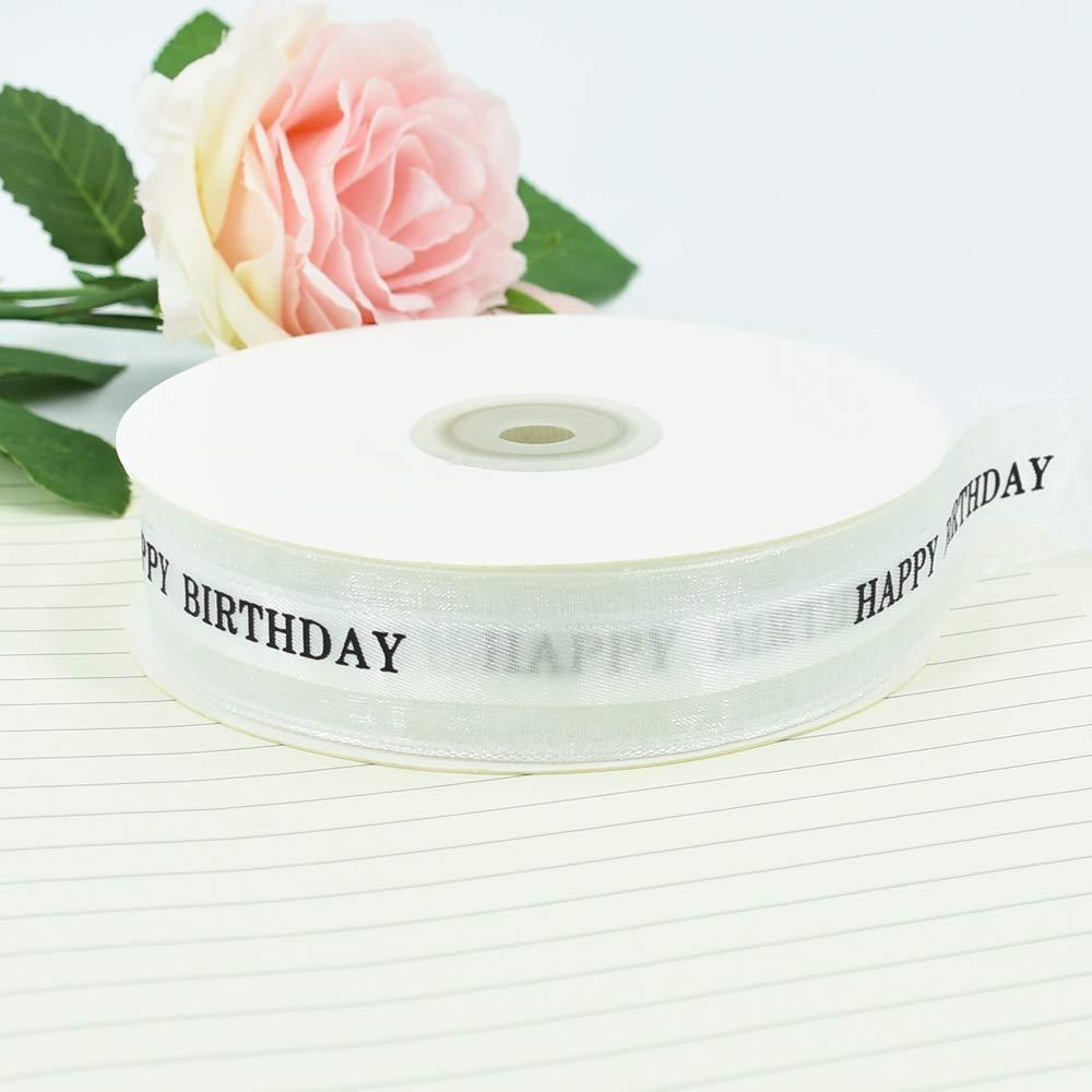 TONIFUL TONIFUL Happy Birthday Ribbon 1 Inch White Satin Silk Ribbons for Gift Wrapping 50 Yards Chiffon Organza Ribbon for Birthday Party Supplies Bouquet Wrapping Cake Box Wrapping Decoration