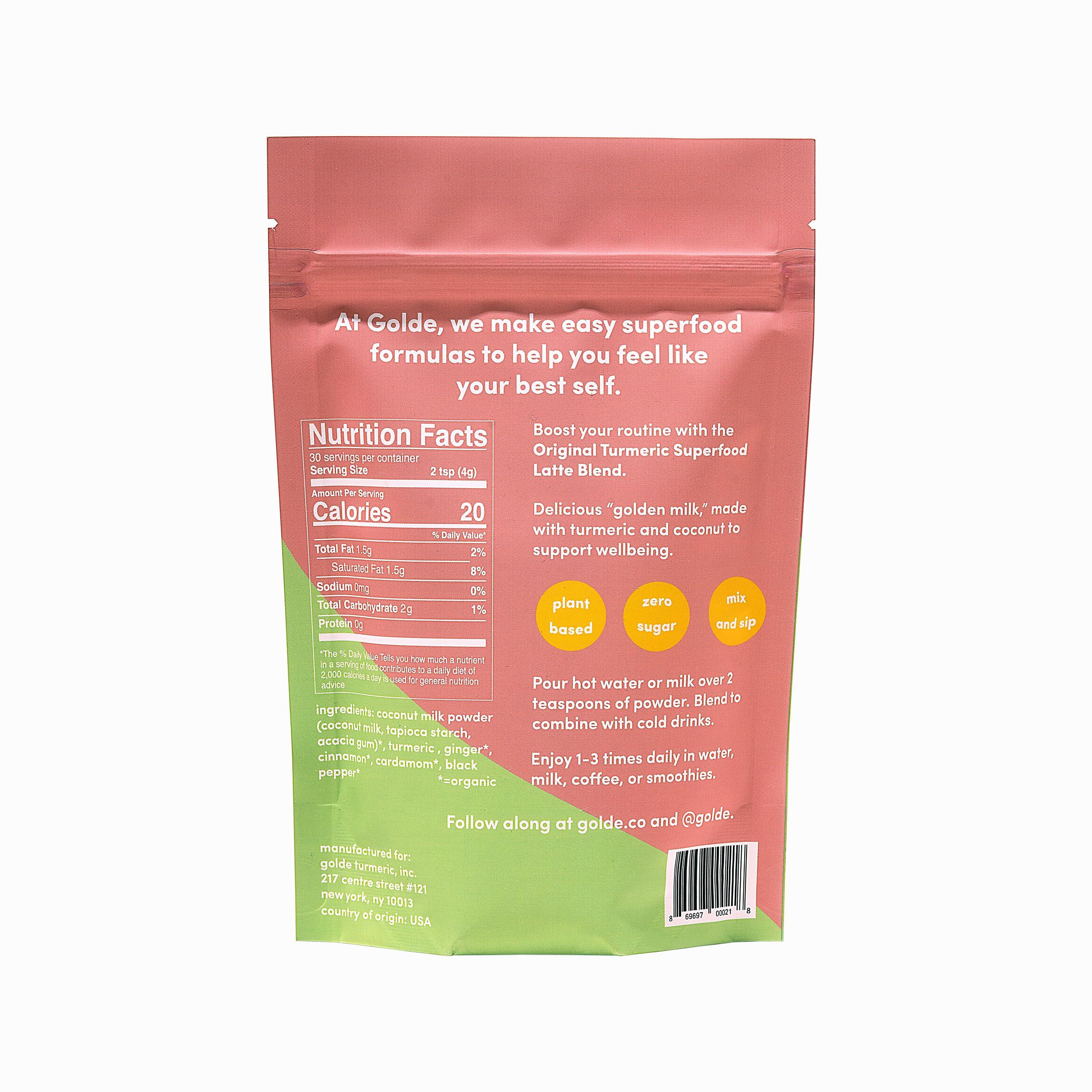 GOLDE GOLDE - Superfood Latte Blend - Original Turmeric - Plant-Based w/Coconut, & Ginger - Supports Skin Glow, Gut Health, & Immunity - Vegan, Keto, Sugar-Free - 30 Servings
