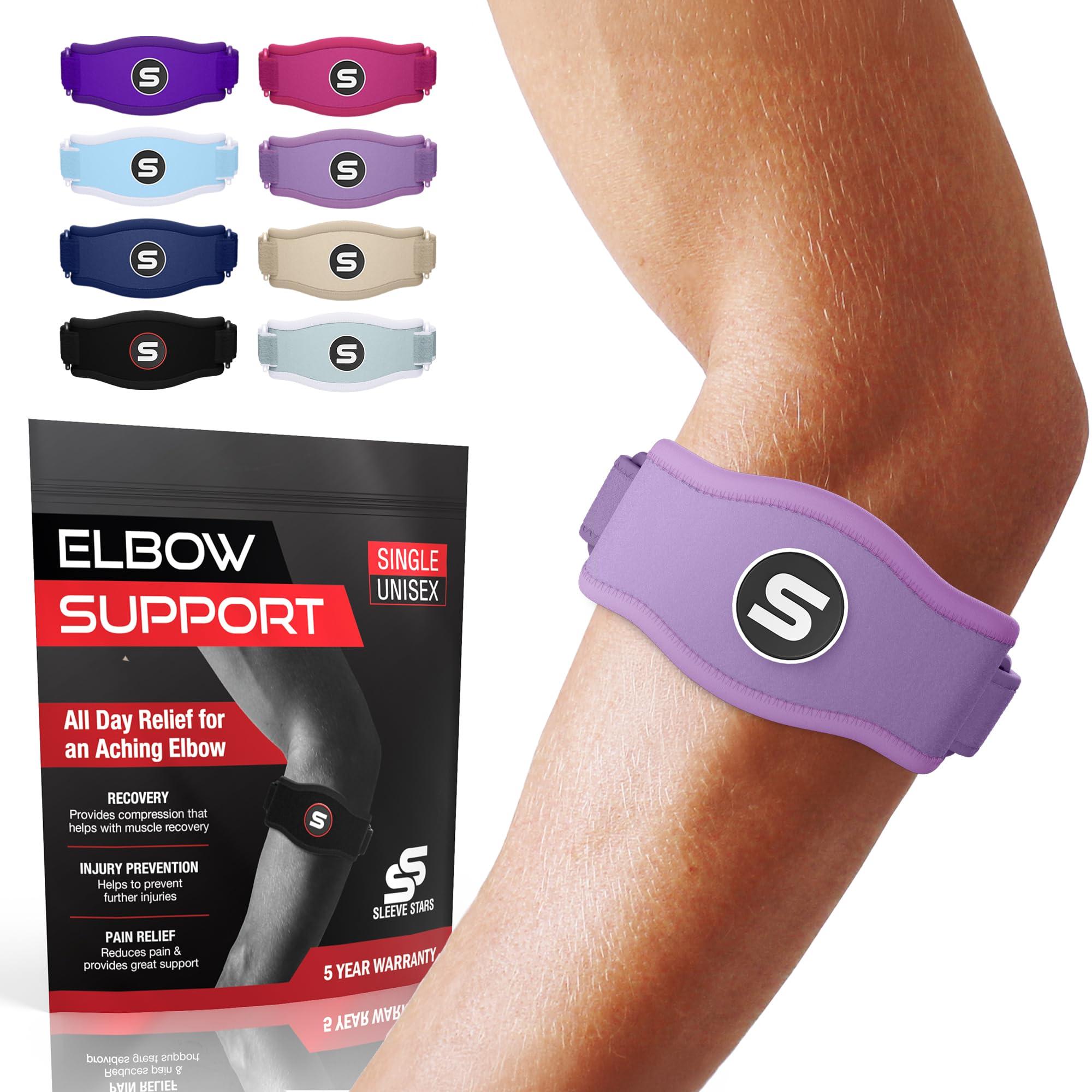 SS SLEEVE STARS Sleeve Stars Tennis Elbow Support Strap, Golfers Elbow Support for Men & Women Epicondylitis Clasp, Counterforce Arm Band for Tendonitis Relief, w/ 3 Straps Length, Fits 9\"-23\" (Light Purple)